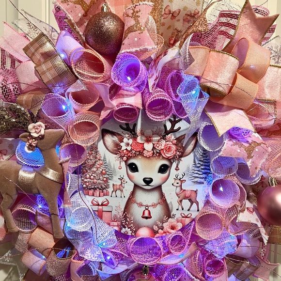 Handmade Pink Winter Floral Reindeer Holiday Ribbon Door Wreath 22 ins W82 - Picture 9 of 12
